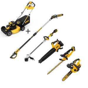 DEWALT 21.5 in. 20-V Li-Ion Cordless Battery Walk Behind Self Propelled Mower Kit with Hedge Kit, Trimmer, Leaf Blower, Pole & Hand Saw